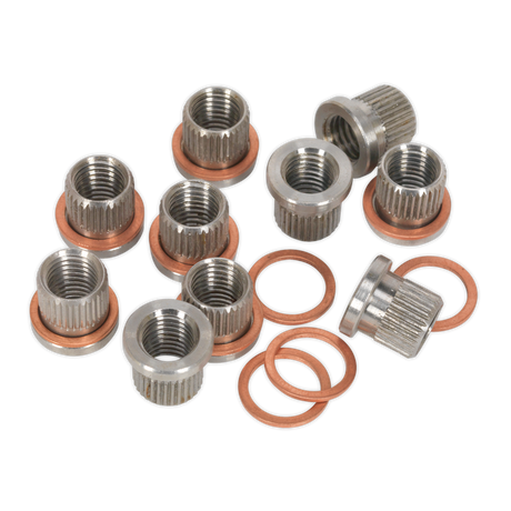 A pack of Sealey Thread Insert M9 x 1.25mm for VS0462 and copper washers, perfect for a brake caliper thread repair kit, arranged on a white background.
