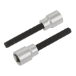 The Sealey 2pc 3/8"Sq Drive Brake Drum Remover - VS0572 is displayed on a white background, featuring two silver M8 x 1.25mm socket head cap screws with black threaded shafts, ideal for removing stuck brake drums.