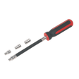 A Sealey Flexible Hose Clip Nut Driver Set (4pc 5, 6 & 7mm - VS063), featuring a black and red handle, an extended flexible shaft driver, and three different-sized interchangeable hex bits (5mm, 6mm, and 7mm), on a white background—perfect for professional use.