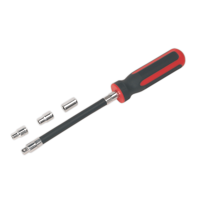 A Sealey Flexible Hose Clip Nut Driver Set (4pc 5, 6 & 7mm - VS063), featuring a black and red handle, an extended flexible shaft driver, and three different-sized interchangeable hex bits (5mm, 6mm, and 7mm), on a white background—perfect for professional use.