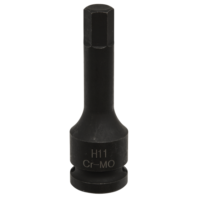 The Sealey Brake Caliper Socket 11mm Hex 1/2"Sq Drive - VS0988 features a black H11 Cr-MO hex socket bit with a six-sided head and a cylindrical base, making it ideal for working on brake caliper fixing bolts.