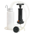 The Sealey Brake & Clutch Bleeder - VS1205 features a white plastic bottle, a black pump handle, a connecting tube, and a black screw-on cap, making it ideal for use as a brake bleeder.