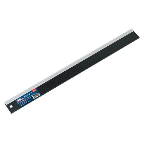 A Sealey Technician's Straight Edge 610mm - VS1481, featuring black steel construction with both metric and imperial measurements, perfect for precision tasks such as checking feeler gauges or measuring distances during engine overhauls.