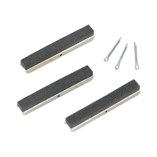 A Sealey VS1622 set, branded as Stone 75mm Coarse for VS162 Pack of 3, featuring three rectangular sharpening stones and three metal cotter pins is arranged on a white background.