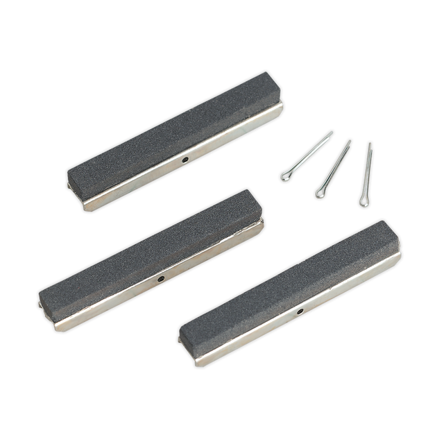 Three Stone 75mm Fine Sealey brake pads and three cotter pins are displayed on a white background, perfect for use with a stone set like the Model VS162.