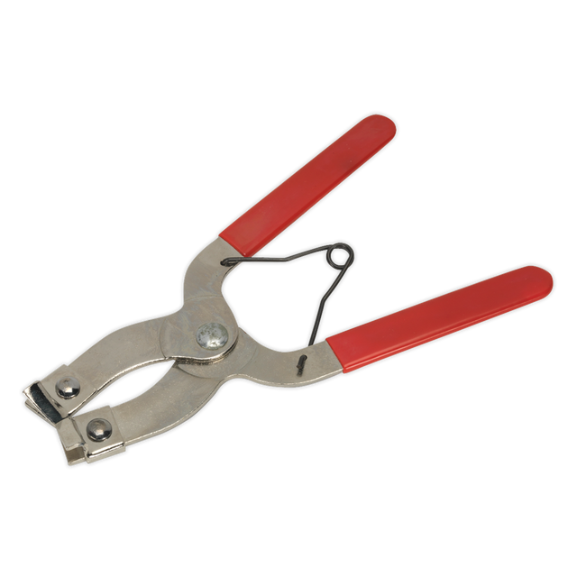 The Sealey Piston Ring Pliers 1.2-5mm Capacity - VS164 is a metal tool with vinyl gripped handles, resembling pliers, equipped with a spring-return mechanism for joining materials or affixing fasteners.