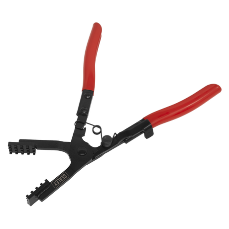 The Sealey Angled Hose Clamp Pliers - VS1677 features red handles and a black body with a spring-loaded locking function for efficiently tightening and cutting cable ties. The angled head design ensures precision, making it ideal for vehicle hose clamps.