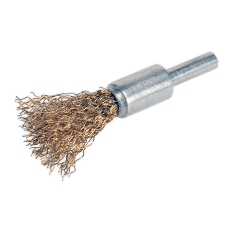 The Flat Top Decarbonising Brush 13mm - VS1802 by Sealey is a cylindrical metal brush equipped with brassed and crimped filaments, twisted bristles, and a straight metal handle, designed for cleaning or polishing tasks.