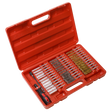 Uncover the Sealey 38pc Cleaning Brush Set Injector Bore - VS1910, housed in a vibrant red plastic case. This set includes an ergonomic soft grip handle tool and 38 intricately organized cleaning brushes, perfect for effective cleaning and decarbonizing tasks.