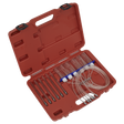 A Diesel Injector Flow Test Kit - Common Rail - VS2046 by Sealey, featuring a red plastic case with medical equipment such as three syringes, tubing, and other accessories for diesel vehicles.