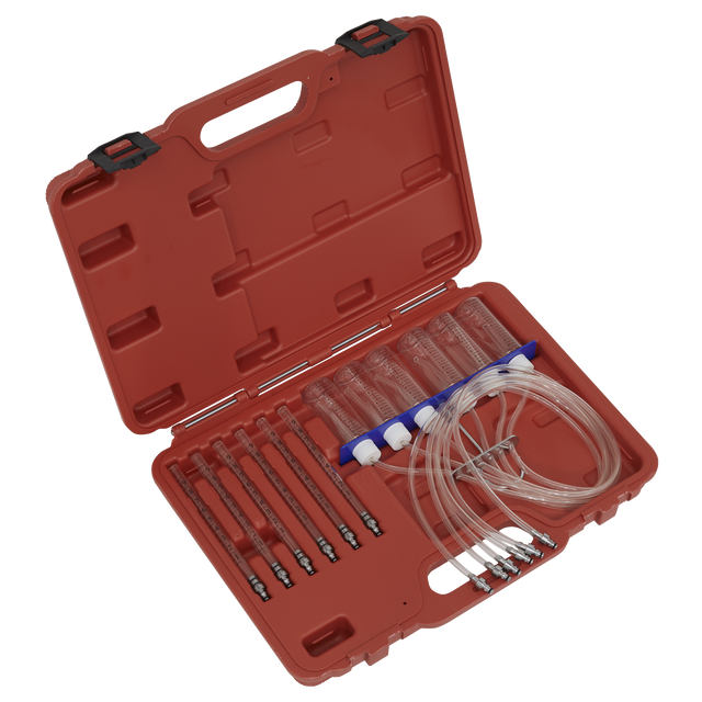 A Diesel Injector Flow Test Kit - Common Rail - VS2046 by Sealey, featuring a red plastic case with medical equipment such as three syringes, tubing, and other accessories for diesel vehicles.