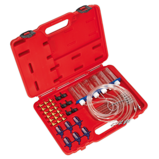 A red plastic case containing various medical or laboratory tubing and connectors, organized in designated slots, reminiscent of the precision found in the Sealey Diesel Injection Leak Back Master Kit - Bosch/Delphi/Denso (VS2048).