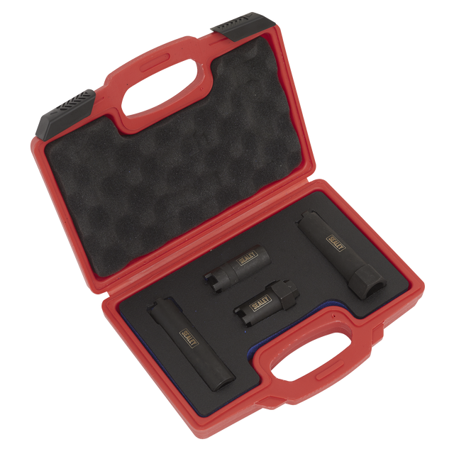 The Sealey Diesel Injector Socket Set 4pc - Commercial (VS2061) comes in a red portable case with black foam padding, featuring dedicated slots for its four tools with yellow labels, including a specialized castellated socket for truck diesel injectors.