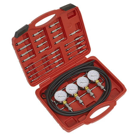 Red plastic case containing a set of Sealey Carburettor Synchronizer (Vacuum, Mini-Type) - VS209 with fuel injection pressure gauges, hoses, and carburettor adaptors.