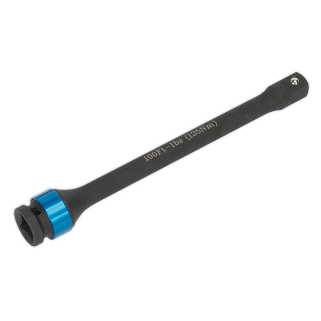 The Torque Stick 1/2" Sq Drive 135Nm - VS2247 from Sealey, in black with a blue band, is labeled "100Ft-Lbs (135Nm)" and is perfect for use with impact wrenches to ensure precise over-torque prevention.
