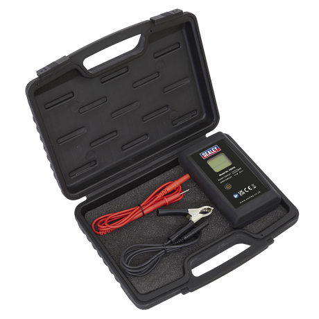 The Sealey Multi Voltage Glow Plug Tester - VS270 comes in a black plastic case, including a digital multimeter, a red test lead, and a black test lead with an alligator clip—ideal for testing low voltage glow plugs in diesel engines.