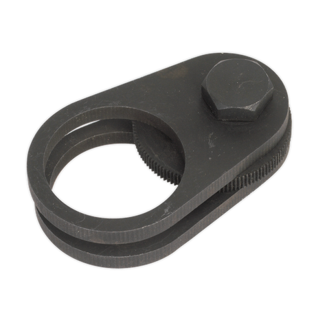 The Sealey Steering Rack Knuckle Tool - VS4000 is a black metal clamp with an adjustable screw and circular openings, perfect for securing or holding objects, particularly useful in limited access vehicles.