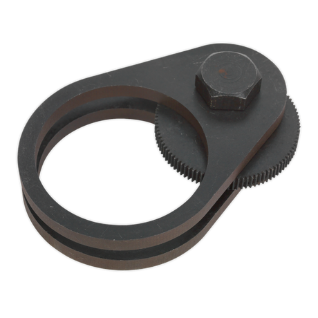 The Sealey Steering Rack Knuckle Tool - VS4004 features a metal gear assembly that includes two interlocking cogwheels, a circular loop, and integrated steering rack knuckles.