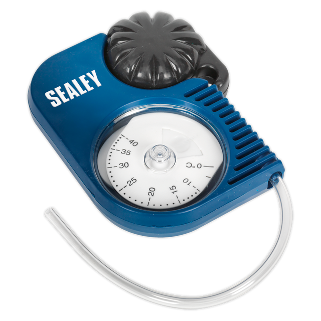 The Sealey Ethylene Glycol Antifreeze Tester - Twin-Rotor (VS4120) features a circular dial displaying degrees, a black adjustable component, and a curved metal arm. This tool integrates freeze protection level to ensure precise measurements under varying conditions.