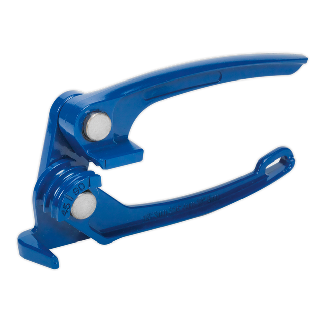 The Sealey Brake Pipe Bender - VS5055 is a blue metal tool engineered for bending steel or automotive brake pipes to desired angles, equipped with a wide handle for enhanced grip and pressure application.