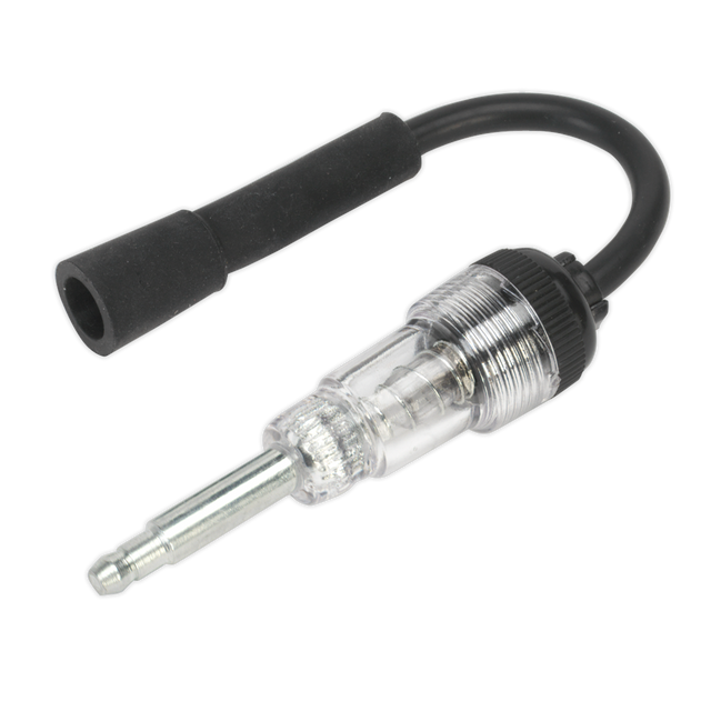 The Sealey In-Line Ignition Spark Tester - VS526 features a transparent body and a flexible black wire, making it perfect for fault diagnosis.