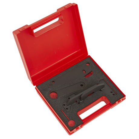Sealey's VS5260 Timing Tool for Mercedes, Renault, Nissan, and Dacia 1.3 petrol engines comes in a red plastic case with foam inserts holding various black camshaft alignment tools securely inside.