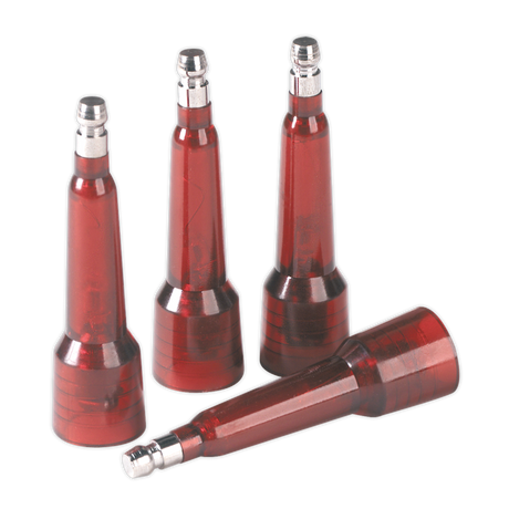 Four red plastic components from the Sealey HT Tester Set 4pc - VS5261, which have grey tips and resemble parts for an engine testing kit, stand upright while one lies on its side.