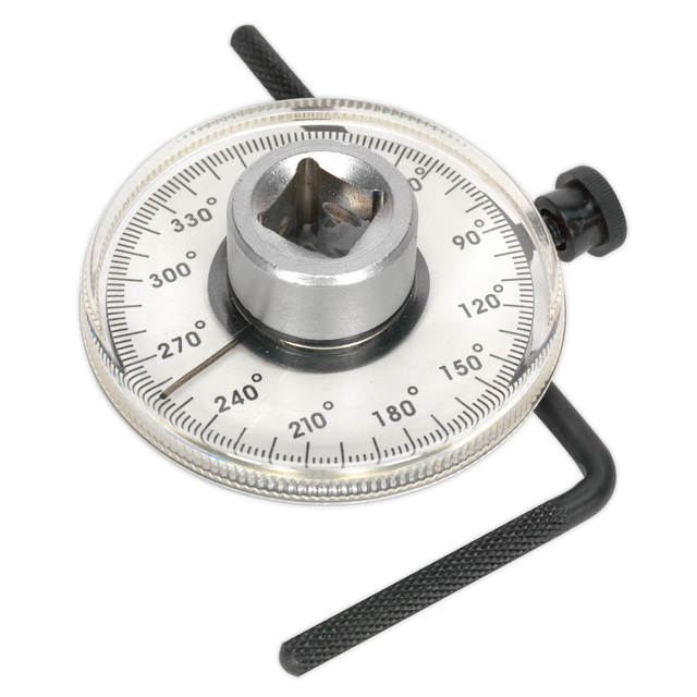 The Sealey Angular Torque Gauge 1/2"Sq Drive - VS530 features a clear composite dial, degree markings, a central socket, and an adjustable reaction arm.