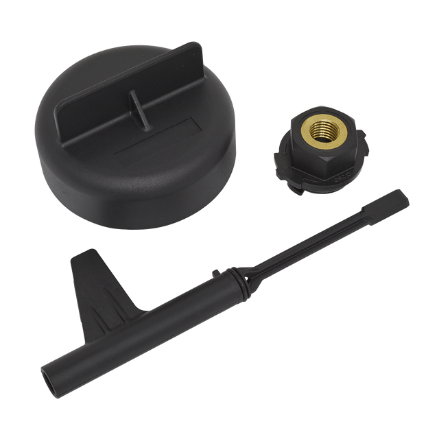 The Automatic Gearbox Oil Filler Set - Mercedes 9G-Tronic - VS589 by Sealey includes a black plastic cap, a black plastic nut with a metallic threaded insert, and a black plastic lever with a flat tab, perfectly designed for use with 9G-Tronic gearboxes and the Mercedes E350 BlueTEC.