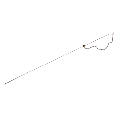 The Engine Dipstick 600mm - Audi - VS600ED by Sealey is a long metal rod with a small loop at one end, a chain attached near the loop, and a narrow, thin tip at the other end, designed for checking engine oil levels in Audi vehicles.