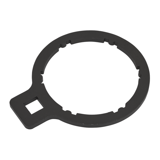 Introducing the Sealey Fuel Filter Key - VS6427: A black, circular metal tool with a handle featuring a square cutout and evenly spaced notches around the inner edge, designed specifically for removing the fuel filter cap in VW and Volvo 2.0/2.4D/2.5TDi vehicles.