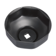 The Sealey Oil Filter Cap Wrench Ø76mm x 8 Flutes - VS7006.V2-08 is a black, octagonal tool designed to fit over and grip oil filters for easy removal or installation. Its low-profile design makes it perfect for cap-type filter wrenches, making it an ideal tool for Fiat vehicles.