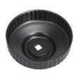 The Sealey Oil Filter Cap Wrench Ø93mm x 45 Flutes - VS7006.V2-22 is a black round wrench with a low profile design, featuring a ridged edge and a central square hole for ratchet tool attachment. Ideal for VW/Audi vehicles, this cap type filter wrench ensures easy and efficient removal or installation.