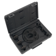 Black plastic carrying case with an open lid, revealing molded compartments designed for the Adjustable Press Support Plate - VS7037 from Sealey and wheel bearings, along with a circular component inside.
