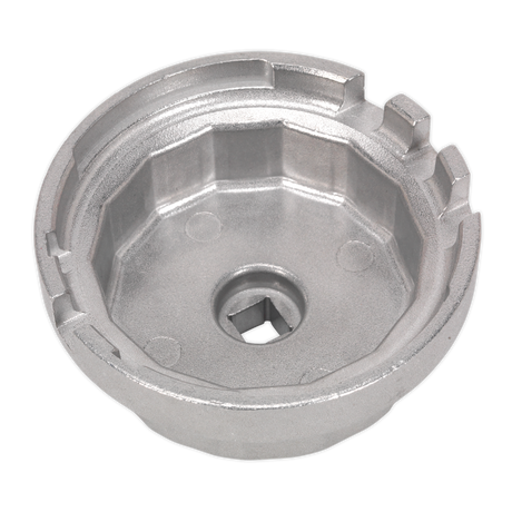 The Sealey Oil Filter Cap Wrench Ø64.5mm x 14 Flutes - for Lexus/Toyota (VS7112) is a robust round tool made from durable aluminium alloy, designed with multiple notches and a square hole in the center.