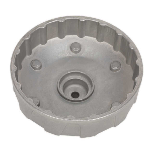 A Sealey Oil Filter Cap Wrench, specifically designed for Renault, featuring a circular 96mm diameter with 18 flutes. This wrench is crafted from durable aluminium alloy and includes a crowned top and an indented center, ideal for machinery or engine use. Product code: VS7115.