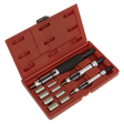 The Sealey Clutch Alignment Tool Set 11pc - VS711 includes a red plastic case containing a set of specialized metal tools with various sized attachments, extensions, and spigot adaptors designed for mechanical or automotive use.