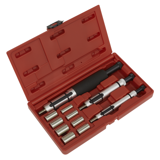 The Sealey Clutch Alignment Tool Set 11pc - VS711 includes a red plastic case containing a set of specialized metal tools with various sized attachments, extensions, and spigot adaptors designed for mechanical or automotive use.