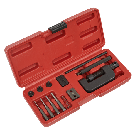 The Sealey Motorcycle Chain Breaker & Riveter - VS779 is a red plastic case containing various metal tools, including a breaker bar, pins, a chain breaker tool, and small components.