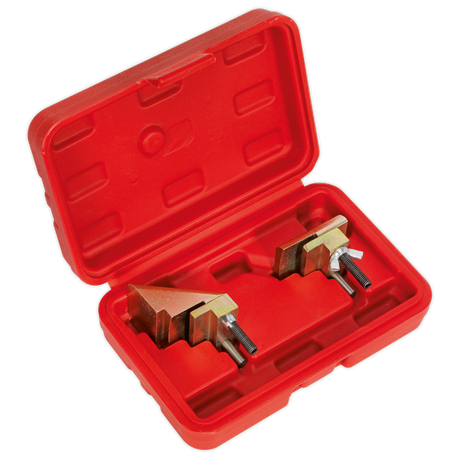 The Sealey Auxiliary Stretch Belt Removal/Installation Tool - VS787 is a red plastic case containing two metal tools with screws, placed in molded compartments, ideal for working on auxiliary drive systems.