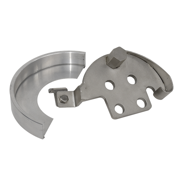 The Sealey Stretch Belt Installation Tool — VS790 is expertly designed for Ford and Volvo vehicles. This tool features a metal bracket with a curved component and multiple holes, making it perfect for mounting or joining machinery parts. It ensures efficiency and precision, saving you time on your installation tasks.