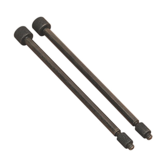 Two metal rods with knurled ends, featuring threaded screw tips on one side, are placed side by side on a white background, resembling the Sealey Door Hinge Removal Pin Ø5.5 x 110mm Pack of 2 - VS803/04.