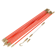 The Sealey Cable Management Tool 12pc 3.2m - VS8181 features a set of red and white fiberglass rods with brass connectors and a hook attachment, making it ideal for professional installers working on cable installation, all neatly arranged in a line.