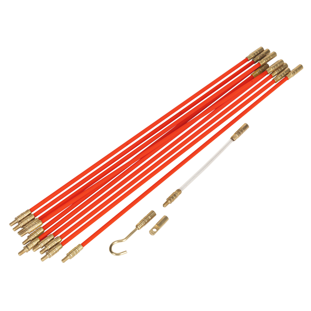 The Sealey Cable Management Tool 12pc 3.2m - VS8181 features a set of red and white fiberglass rods with brass connectors and a hook attachment, making it ideal for professional installers working on cable installation, all neatly arranged in a line.