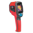 A red Sealey Thermal Imaging Camera - VS912 displaying a thermal image on its screen, ideal for automotive applications, ensuring precise temperature measurement.