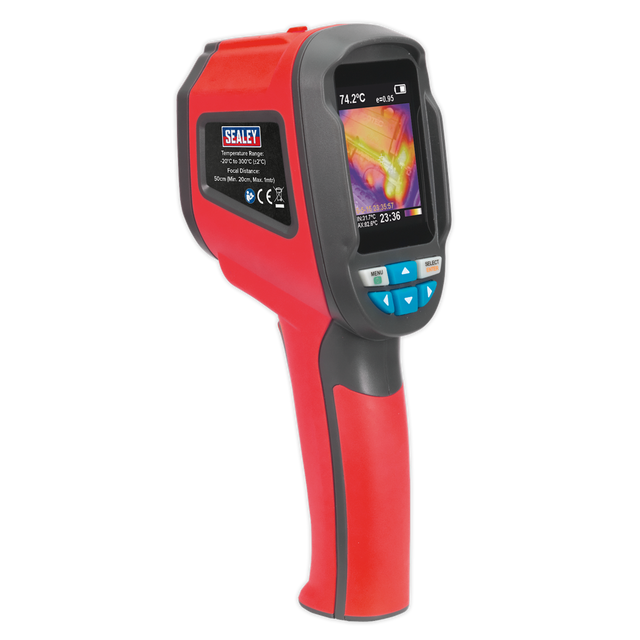 A red Sealey Thermal Imaging Camera - VS912 displaying a thermal image on its screen, ideal for automotive applications, ensuring precise temperature measurement.