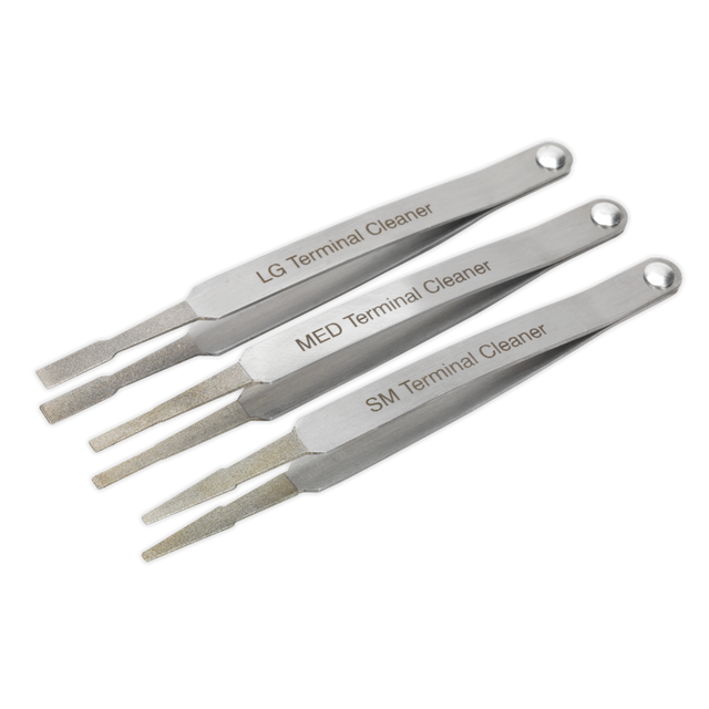 The "Sealey Terminal Cleaner Set 3pc - Diamond Grip - VS9202" includes three metallic terminal cleaners, each equipped with diamond cleaning ends for effective corrosion removal on terminals of varying sizes.