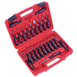 The Sealey Terminal Tool Kit 23pc - VS9203, housed in a red plastic case, includes an organized assortment of black and red screwdrivers in various head types and sizes, along with specialized tools for wiring connectors to minimize damage during installation.