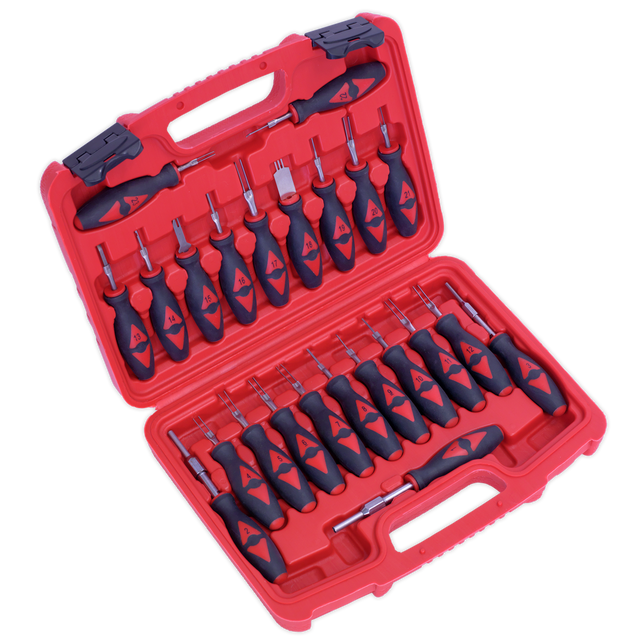 The Sealey Terminal Tool Kit 23pc - VS9203, housed in a red plastic case, includes an organized assortment of black and red screwdrivers in various head types and sizes, along with specialized tools for wiring connectors to minimize damage during installation.