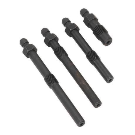 Four identical black metal rods with threaded sections are arranged diagonally on a white background, closely resembling precision tools from the Sealey Diesel Compression Adaptor Kit - BMW, Mercedes, Rover, VAG (VSE3151) used for Diesel engines.